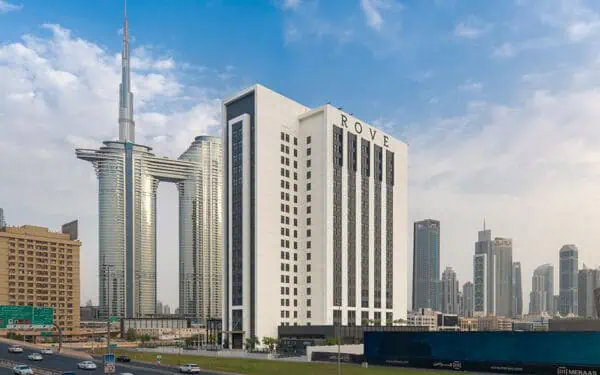 Exterior view of Rove City Walk Hotel in Dubai