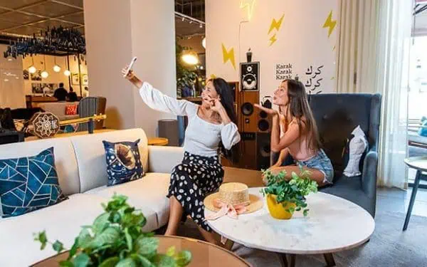 Lobby area of Rove City Walk Hotel in Dubai