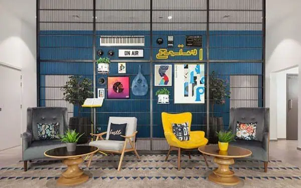 Lobby of Rove City Walk Hotel in Dubai