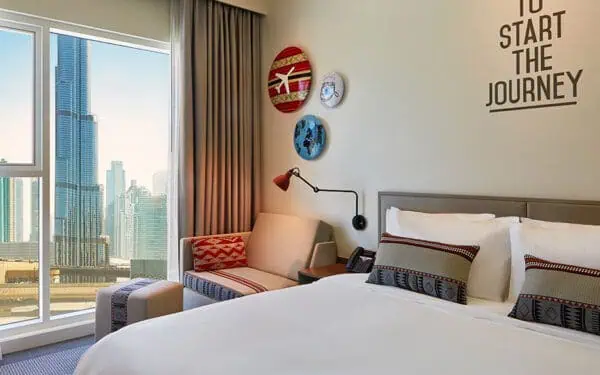 View from Rove Downtown Hotel room overlooking Dubai skyline