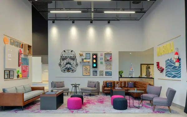 Lobby area of Rove Healthcare City Hotel in Dubai